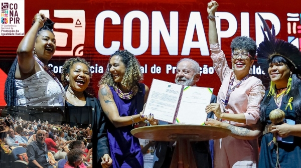 O presidente Lula durante V Conferência Nacional de Promoção da Igualdade Racial (V CONAPIR). No detalhe, à esquerda, Almir Aguiar, secretário de Combate ao Racismo da Contraf-CUT