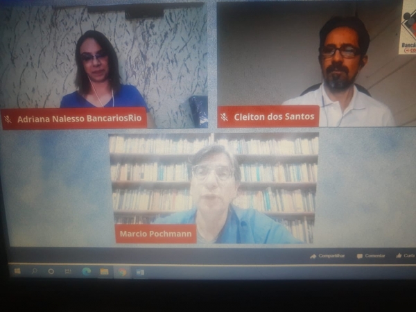 Adriana Nalesso, Márcio Porchmann e Cleiton dos Santos debateram as raízes históricas da desigualdade no Brasil e a discriminação nos bancos