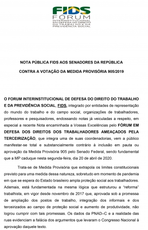 NOTA PÚBLICA FIDS AOS SENADORES DA REPÚBLICA CONTRA A VOTAÇÃO DA MEDIDA PROVISÓRIA 905/2019