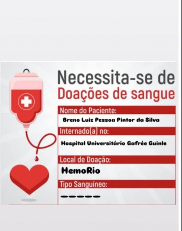 Primo de bancária do Itaú necessita de doação de sangue
