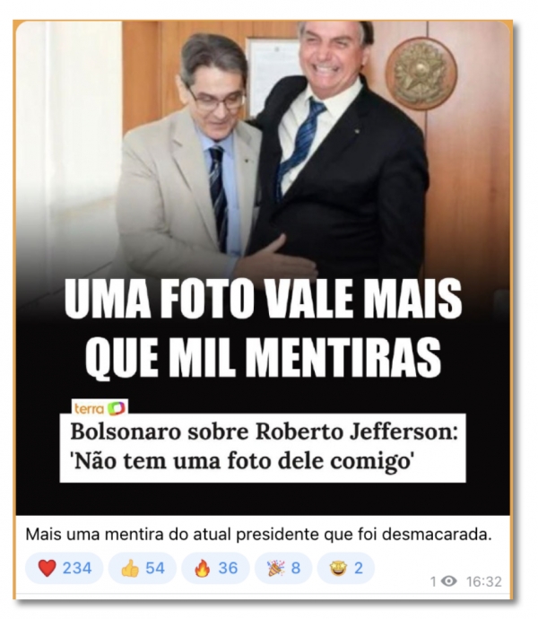 Bolsonaro mente ao dizer que não tem foto e nem contato com Roberto Jefferson