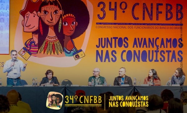 Debate sobre saúde encerrou o primeiro dia do 34º Congresso Nacional dos Funcionários do BB. Foto e arte: Contraf-CUT.