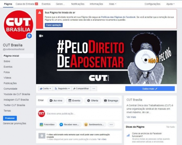 De forma autoritária, Facebook retira página da CUT Brasília do ar