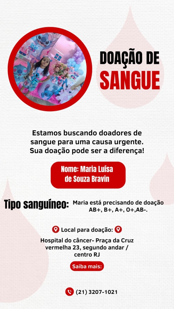 Menina de três anos faz tratamento oncológico e precisa de doação de sangue