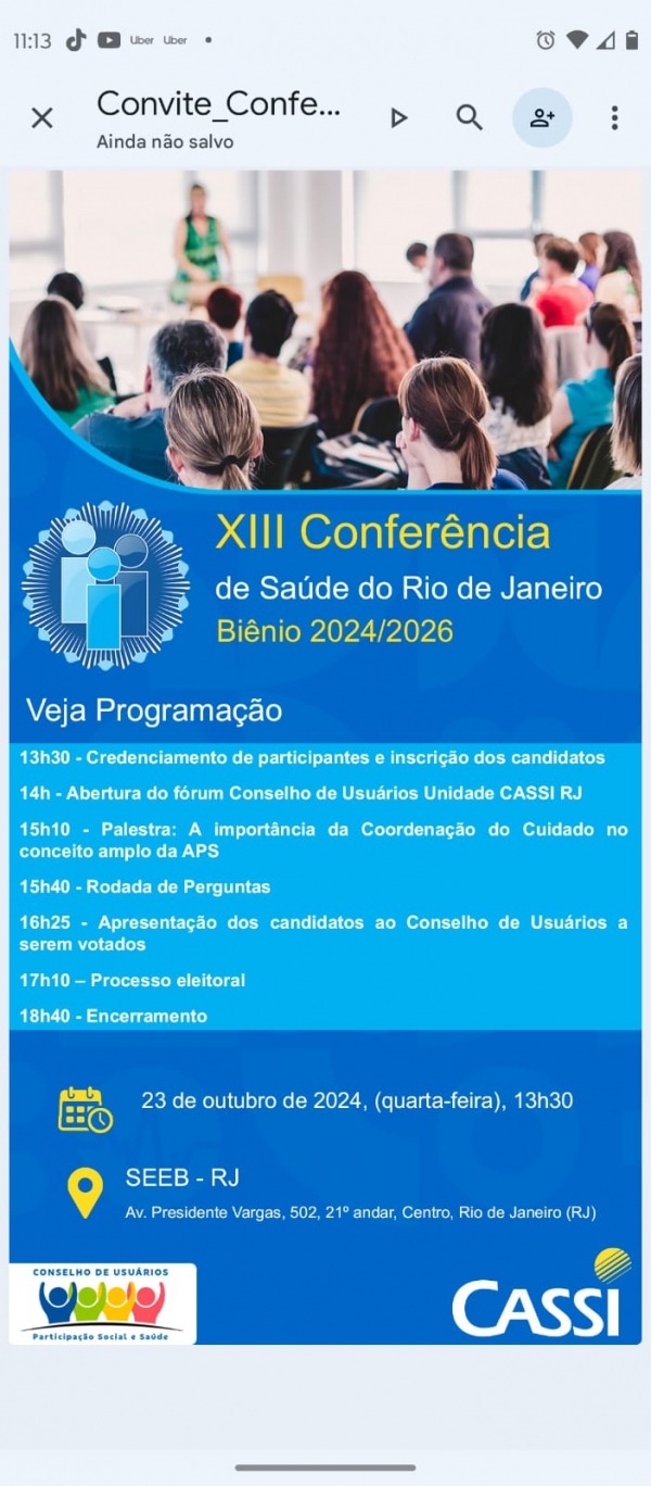 Conferência de Saúde vai eleger novos membros dos conselhos de usuários da Cassi