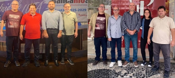 JUNTOS A GENTE CONQUISTA - Altair Vinícius Lima Vieira (de barba na foto à esquerda) e Ernani Nogueira Pais (ao centro na foto à esquerda) agradeceram ao Sindicato pela reintegração que garante de volta seus empregos e direitos 