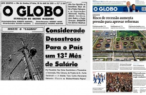    Legenda: MENTIRA ONTEM E HOJE – Em 1962, O Globo fez campanha contra a criação do 13º salário para os trabalhadores. Em 2019, faz campanha pela aprovação da Reforma da Previdência. A grande imprensa sempre esteve do lado do grande capital e contra o trabalhadorParte superior do formulário