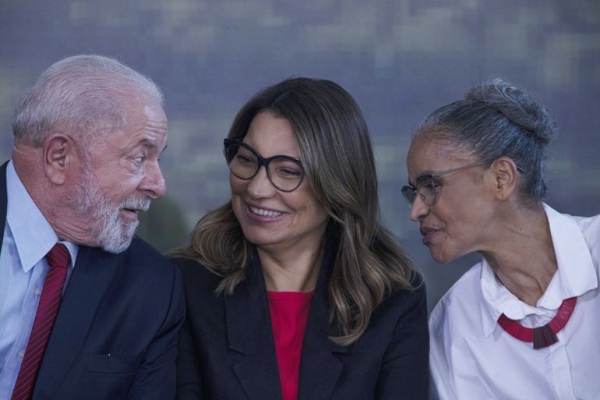 O presidente Lula, a primeira-dama, Rosângela Silva (Janja), e a ministra do Meio-Ambiente, Marina Silva